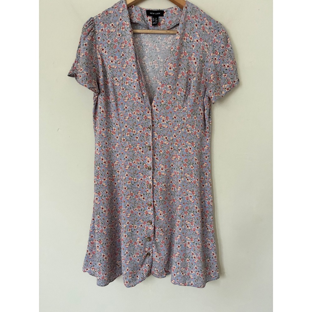 New Look Blue Floral Button Down Mini Dress Short Sleeve Boho Cottagecore Sz 8